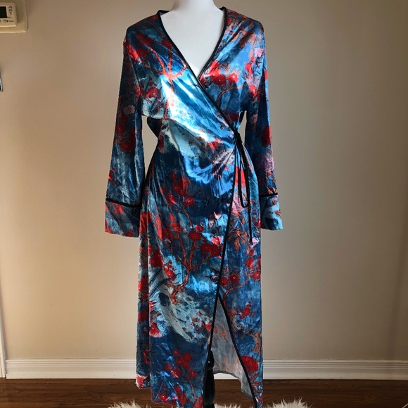 Dresses & Skirts - Beautiful Kimono maxi dress teal floral stain design dress feitong EUC